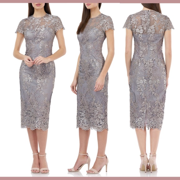 NWT JS Collection [ 2‎ ] Illusion Lace Midi Cocktail Dress in Taupe - Picture 1 of 12